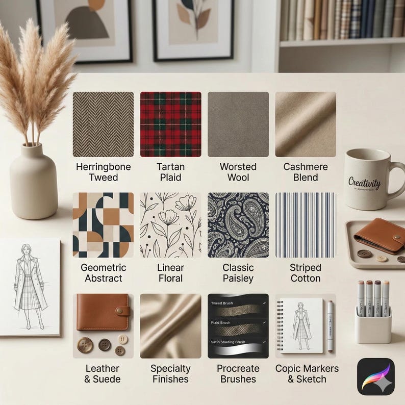 K&ouml;nnte beinhalten: Ein Design-Referenzblatt mit zw&ouml;lf Stoffmustern, darunter Fischgr&auml;t-Tweed, Schottenkaro, Kammgarn, Kaschmir sowie geometrische, florale, Paisley- und Streifenmuster. Enth&auml;lt eine Skizze, eine Ledergeldb&ouml;rse, Kn&ouml;pfe, Marker und digitale Pinselproben.