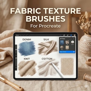 Puede incluir: Una tableta digital muestra pinceles de textura de tela para Procreate. La pantalla muestra muestras de mezclilla, seda, punto y algodón, un lápiz óptico y un menú de pinceles. El texto "FABRIC TEXTURE BRUSHES For Procreate" está en la parte superior.