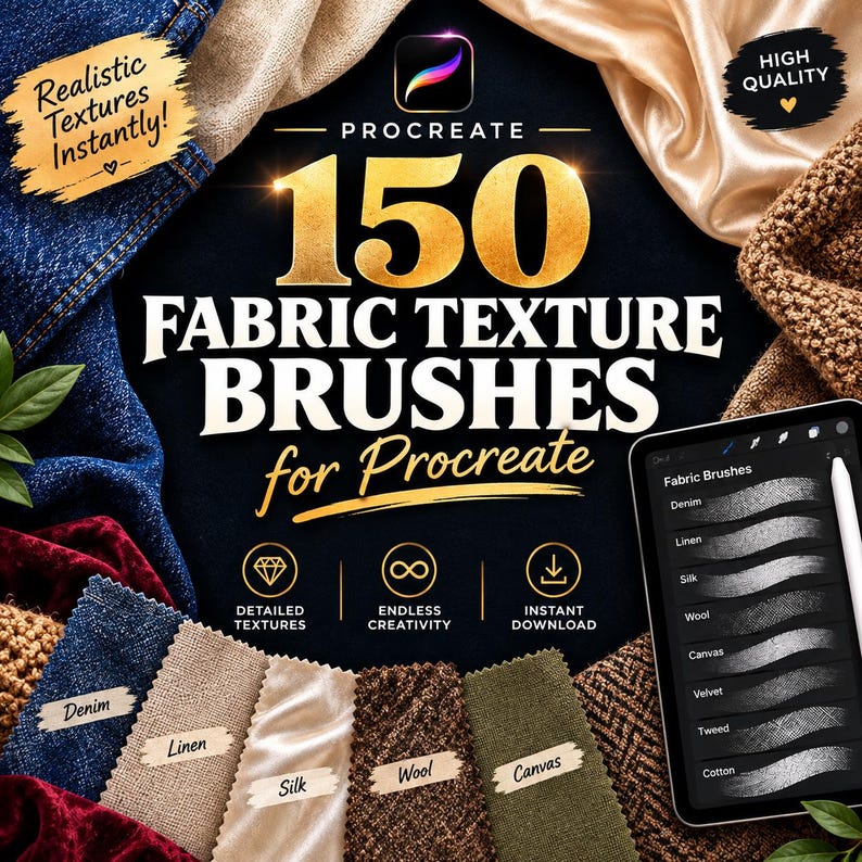 K&ouml;nnte beinhalten: Eine digitale Sammlung von 150 Stofftextur-Pinseln f&uuml;r Procreate mit dem Text 150 FABRIC TEXTURE BRUSHES for Procreate, umgeben von Stoffmustern aus Denim, Leinen, Seide, Wolle und Canvas sowie einer Darstellung eines Tablet-Displays.