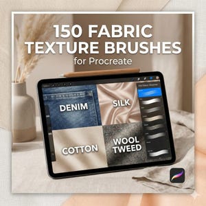 K&ouml;nnte beinhalten: Ein digitales Tablet mit einer Procreate-Oberfl&auml;che f&uuml;r 150 Stofftextur-Pinsel. Der Bildschirm zeigt vier Quadranten mit den Bezeichnungen Denim, Silk, Cotton und Wool Tweed sowie ein Seitenmen&uuml; mit Pinseloptionen und dem Procreate-App-Symbol.