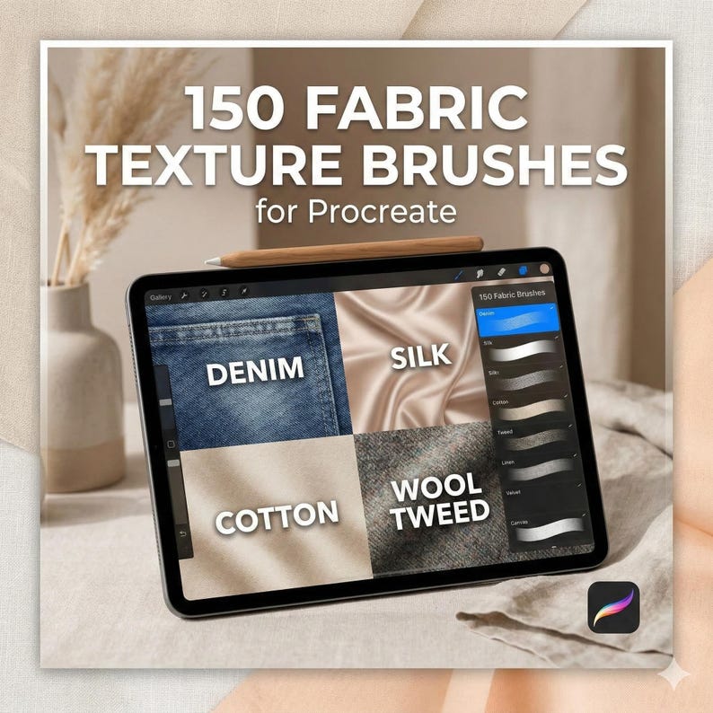 K&ouml;nnte beinhalten: Ein digitales Tablet mit einer Procreate-Oberfl&auml;che f&uuml;r 150 Stofftextur-Pinsel. Der Bildschirm zeigt vier Quadranten mit den Bezeichnungen Denim, Silk, Cotton und Wool Tweed sowie ein Seitenmen&uuml; mit Pinseloptionen und dem Procreate-App-Symbol.
