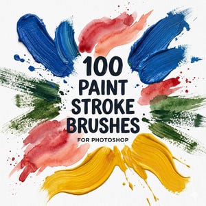 Pode incluir: Imagem com pinceladas coloridas em azul, vermelho, verde e amarelo, circundando o texto "100 Paint Stroke Brushes for Photoshop" sobre um fundo branco. A imagem mostra diversas texturas de pincel e respingos de tinta.