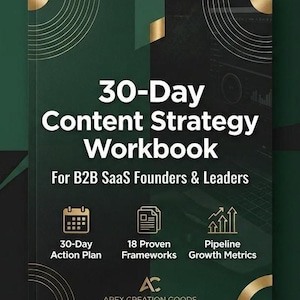 May include: A dark green workbook titled "30-Day Content Strategy Workbook" for B2B SaaS Founders & Leaders. The cover features gold accents and icons for a 30-day action plan, 18 proven frameworks, and pipeline growth metrics. The Apex Creation Goods logo is at the bottom.