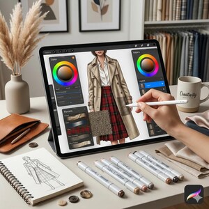 K&ouml;nnte beinhalten: Ein digitales Tablet zeigt eine Modeillustration eines Trenchcoats und eines karierten Rocks mit Farbr&auml;dern und Ebenenmen&uuml;s. Ein Eingabestift wird &uuml;ber den Bildschirm gehalten, umgeben von Markern, einem Skizzenbuch, Kn&ouml;pfen und einer Tasse.