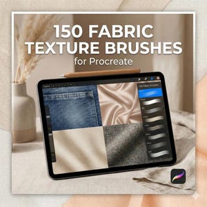 K&ouml;nnte beinhalten: Ein digitales Tablet mit 150 Fabric Texture Brushes for Procreate, das ein Men&uuml; mit Pinseloptionen und eine geteilte Vorschau von Jeans-, Seiden-, Leinen- und Wolltexturen zeigt. Ein Eingabestift liegt auf dem oberen Rand des Tablet-Bildschirms.