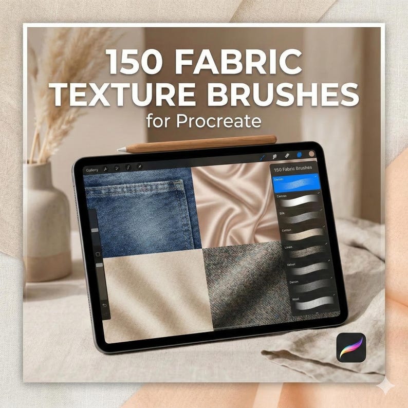 K&ouml;nnte beinhalten: Ein digitales Tablet mit 150 Fabric Texture Brushes for Procreate, das ein Men&uuml; mit Pinseloptionen und eine geteilte Vorschau von Jeans-, Seiden-, Leinen- und Wolltexturen zeigt. Ein Eingabestift liegt auf dem oberen Rand des Tablet-Bildschirms.