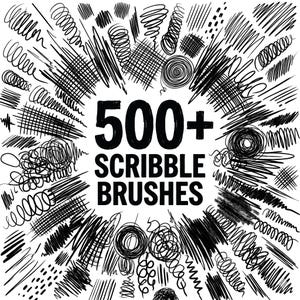 May include: A collection of 500+ scribble brushes in black, displayed on a white background. The brushes include various styles of lines, swirls, and cross-hatching, with the text "500+ SCRIBBLE BRUSHES" in bold black font.