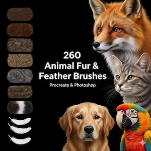 Pode incluir: Pincéis digitais para Procreate e Photoshop, com 260 pincéis de pelo e penas de animais. A imagem inclui uma raposa, um gato, um cão e uma arara, com amostras de pelo e penas à esquerda.