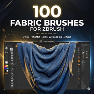 Puede incluir: Imagen de un producto digital con el texto "100 FABRIC BRUSHES FOR ZBRUSH". Una tela azul drapeada se muestra sobre una pantalla de ordenador. También es visible el texto "Ultra-Realistic Folds, Wrinkles & Seams".