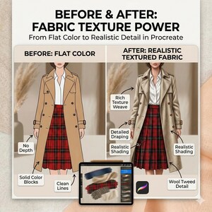 K&ouml;nnte beinhalten: Ein digitaler Illustrationsvergleich mit dem Titel BEFORE & AFTER: FABRIC TEXTURE POWER. Er zeigt einen beigen Trenchcoat und einen rot karierten Rock in flachen Farben versus realistisch texturiertem Stoff mit Hinweisen auf Schattierungen.