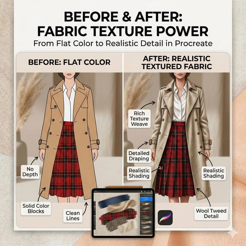 K&ouml;nnte beinhalten: Ein digitaler Illustrationsvergleich mit dem Titel BEFORE & AFTER: FABRIC TEXTURE POWER. Er zeigt einen beigen Trenchcoat und einen rot karierten Rock in flachen Farben versus realistisch texturiertem Stoff mit Hinweisen auf Schattierungen.