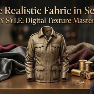 K&ouml;nnte beinhalten: Eine beige, texturierte Jacke mit vier Vordertaschen und Kragen, umgeben von verschiedenen Stoffmustern in Bordeaux, Grau und Blau sowie Garnrollen. Der Text lautet: Create Realistic Fabric in Seconds BY SYLE: Digital Texture Mastery.
