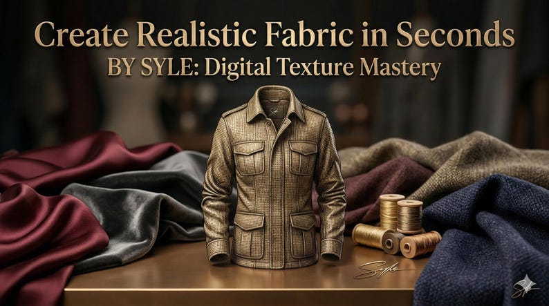 K&ouml;nnte beinhalten: Eine beige, texturierte Jacke mit vier Vordertaschen und Kragen, umgeben von verschiedenen Stoffmustern in Bordeaux, Grau und Blau sowie Garnrollen. Der Text lautet: Create Realistic Fabric in Seconds BY SYLE: Digital Texture Mastery.