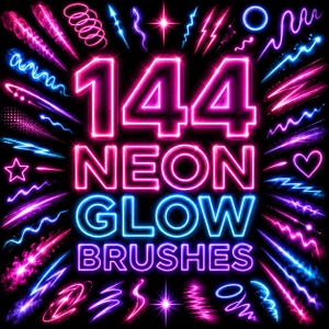 May include: A digital graphic featuring the text 144 NEON GLOW BRUSHES in bright pink and blue neon lettering. The background is black and decorated with various glowing neon light effects, including stars, hearts, squiggles, and lines.