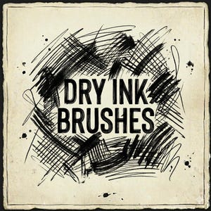 May include: A square, textured, off-white paper with black ink brush strokes and splatters. The words "DRY INK BRUSHES" are in bold, black letters in the center of the image. The image has a vintage, artistic feel.