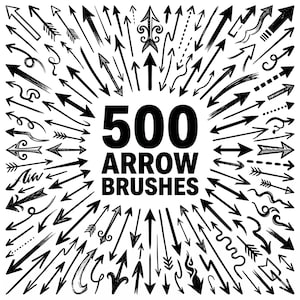 Op de afbeelding: Een illustratie met 500 zwarte pijlen in verschillende stijlen, waaronder rechte, gebogen en gestippelde lijnen, die uitgaan van een centrale tekst. De tekst luidt "500 ARROW BRUSHES" in een vetgedrukte, zwarte letter.