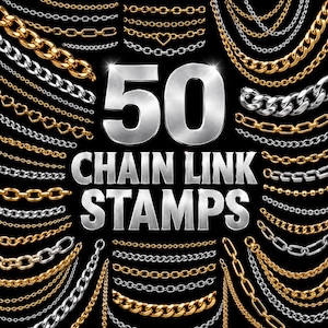 Puede incluir: Una colección de 50 sellos digitales de eslabones de cadena con varios estilos de cadenas de metal dorado y plateado, incluyendo eslabones tipo cable, barbados y en forma de corazón, alrededor del texto metálico 50 CHAIN LINK STAMPS.