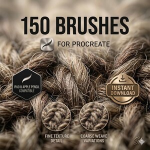 K&ouml;nnte beinhalten: Ein digitales Produktset mit 150 Pinseln f&uuml;r Procreate vor einem braunen Seiltextur-Hintergrund. Enth&auml;lt Symbole f&uuml;r iPad- und Apple Pencil-Kompatibilit&auml;t, Sofort-Download und zwei kreisf&ouml;rmige Eins&auml;tze mit feiner Textur und grobem Gewebe.