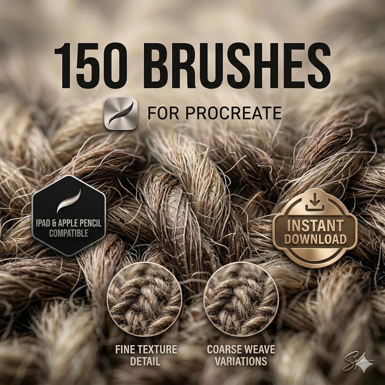 K&ouml;nnte beinhalten: Ein digitales Produktset mit 150 Pinseln f&uuml;r Procreate vor einem braunen Seiltextur-Hintergrund. Enth&auml;lt Symbole f&uuml;r iPad- und Apple Pencil-Kompatibilit&auml;t, Sofort-Download und zwei kreisf&ouml;rmige Eins&auml;tze mit feiner Textur und grobem Gewebe.