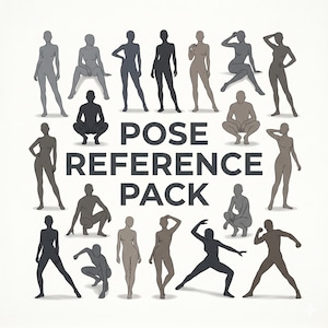May include: A collection of stylized human figure illustrations in various poses. The figures are in shades of gray, black, and tan, with outlines. The text "POSE REFERENCE PACK" is centered in the image.