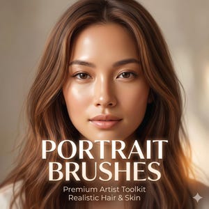 Op de afbeelding: Een digitaal portret van een persoon met bruin haar en bruine ogen. De afbeelding bevat de tekst "PORTRAIT BRUSHES" en "Premium Artist Toolkit Realistic Hair & Skin". De afbeelding heeft een zacht, warm kleurenpalet.