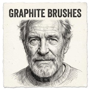 May include: A graphite pencil drawing of an older man with a full beard and a sweater. The text "GRAPHITE BRUSHES" is printed above the man's head in a bold, black font. The drawing is on a textured, off-white paper.