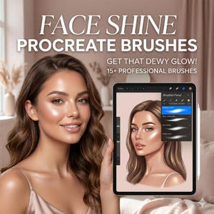 Puede incluir: Una mujer sostiene una tableta que muestra "FACE SHINE PROCREATE BRUSHES". La tableta muestra una ilustración digital de una mujer con la piel resaltada. El texto en la tableta dice "GET THAT DEWY GLOW! 15+ PROFESSIONAL BRUSHES".