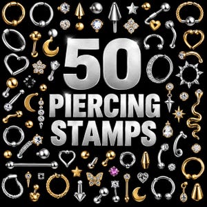 May include: A collection of various metal body jewelry pieces including hoops, barbells, studs, and charms in gold and silver tones, surrounding the large silver text 50 PIERCING STAMPS. The jewelry features shapes like hearts, stars, moons, and snakes.