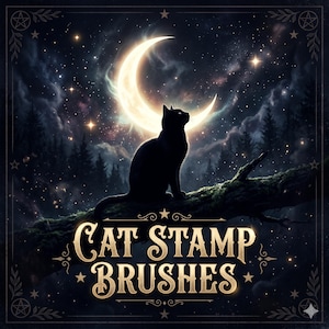 Op de afbeelding: Een illustratie van een zwarte kat die op een mosachtige tak zit, tegen een halve maan en een sterrenhemel. De woorden "Cat Stamp Brushes" staan in gouden letters eronder, met decoratieve sterren en krullen.