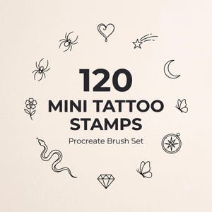 Può includere: Una collezione digitale di 120 mini timbri per tatuaggi per Procreate, con icone in linea nera disposte in cerchio. Le icone includono ragni, un cuore, una stella cadente, una luna crescente, un fiore, farfalle, un serpente, un diamante e una bussola.