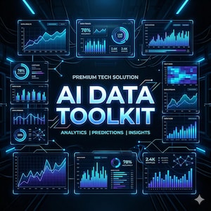 Puede incluir: Un gráfico digital con un fondo oscuro y acentos azul neón. El texto central dice "AI DATA TOOLKIT" con el lema "Analytics | Predictions | Insights". Varias visualizaciones de datos, gráficos y diagramas rodean el texto.