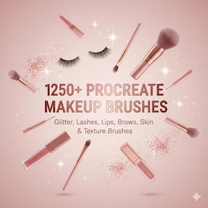 May include: An advertisement for Procreate makeup brushes. The image shows makeup brushes, lip gloss, and false eyelashes, with scattered glitter. Text reads "1250+ PROCREATE MAKEUP BRUSHES" and "Glitter, Lashes, Lips, Brows, Skin & Texture Brushes."
