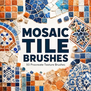 May include: A digital graphic featuring the text MOSAIC TILE BRUSHES 50 Procreate Texture Brushes in dark blue, surrounded by a border of various mosaic tile patterns in shades of blue, orange, white, and tan, arranged in geometric and floral designs.