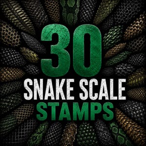 Könnte beinhalten: Eine digitale Grafik mit dem Text 30 SNAKE SCALE STAMPS in fetter grüner und weißer Schrift. Der Hintergrund besteht aus einer radialen Anordnung verschiedener Schlangenhautmuster in den Farben Schwarz, Dunkelgrün und Metallic-Bronze.