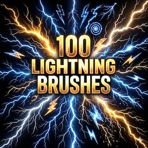 May include: An image with a black background featuring a golden text that reads "100 LIGHTNING BRUSHES". The text is surrounded by blue and gold lightning bolts, creating a dynamic and energetic visual.