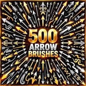 Puede incluir: Un gráfico digital que presenta el texto 500 ARROW BRUSHES en letras grandes doradas y plateadas, rodeado por un patrón radial de numerosas flechas blancas y doradas en varios estilos, formas y diseños sobre un fondo negro oscuro.