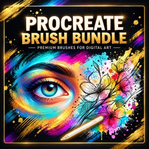 以下が含まれることがあります： PROCREATE BRUSH BUNDLE PREMIUM BRUSHES FOR DIGITAL ARTというタイトルのデジタルアート製品グラフィック。鮮やかな色彩の人の目と、青、ピンク、金の抽象的なペイントストローク、黒い線画の花のスケッチ、そして白いデジタルスタイラスペンが描かれています。