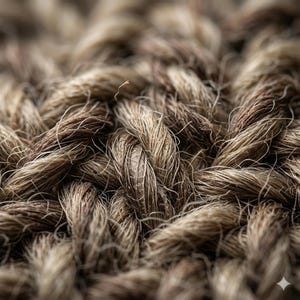K&ouml;nnte beinhalten: Eine Nahaufnahme eines dick und grob strukturierten Gewebes aus nat&uuml;rlichen braunen und beigefarbenen Fasern. Das Material weist ein schweres, ineinandergreifendes Flechtmuster mit sichtbaren losen F&auml;den und einer rauen, faserigen Optik auf.