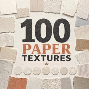 May include: A collection of various paper samples with different textures and colors arranged around the central black and orange text 100 PAPER TEXTURES, featuring a series of small circular paper swatches aligned below the main title.