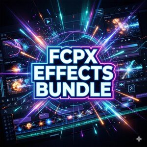 May include: A digital graphic promoting the "FCPX Effects Bundle" with a neon blue and white text overlay. The image features a dark background with colorful light streaks and a video editing interface, suggesting video editing software and effects.