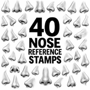 May include: A collection of 40 grayscale pencil-style illustrations of human noses in various angles and shapes, arranged around the bold black text that reads 40 NOSE REFERENCE STAMPS, presented on a plain white background for artistic reference.