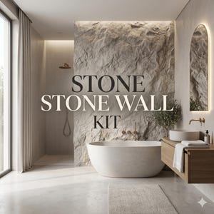 May include: A contemporary bathroom featuring a stone wall, an oval freestanding bathtub, and a wooden vanity with a circular sink. The text "STONE STONE WALL KIT" is visible. The room has a neutral colour scheme and natural light.