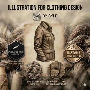 K&ouml;nnte beinhalten: Eine digitale Illustration einer braunen Tweedjacke mit Kragen, gekn&ouml;pften Brusttaschen und langen &Auml;rmeln. Das Bild enth&auml;lt den Text: ILLUSTRATION FOR CLOTHING DESIGN, BY SYLE, IPAD & APPLE PENCIL COMPATIBLE, INSTANT DOWNLOAD, FINE TEXTURE DETAIL, TAILORED COARSE WEAVE VARIATIONS.
