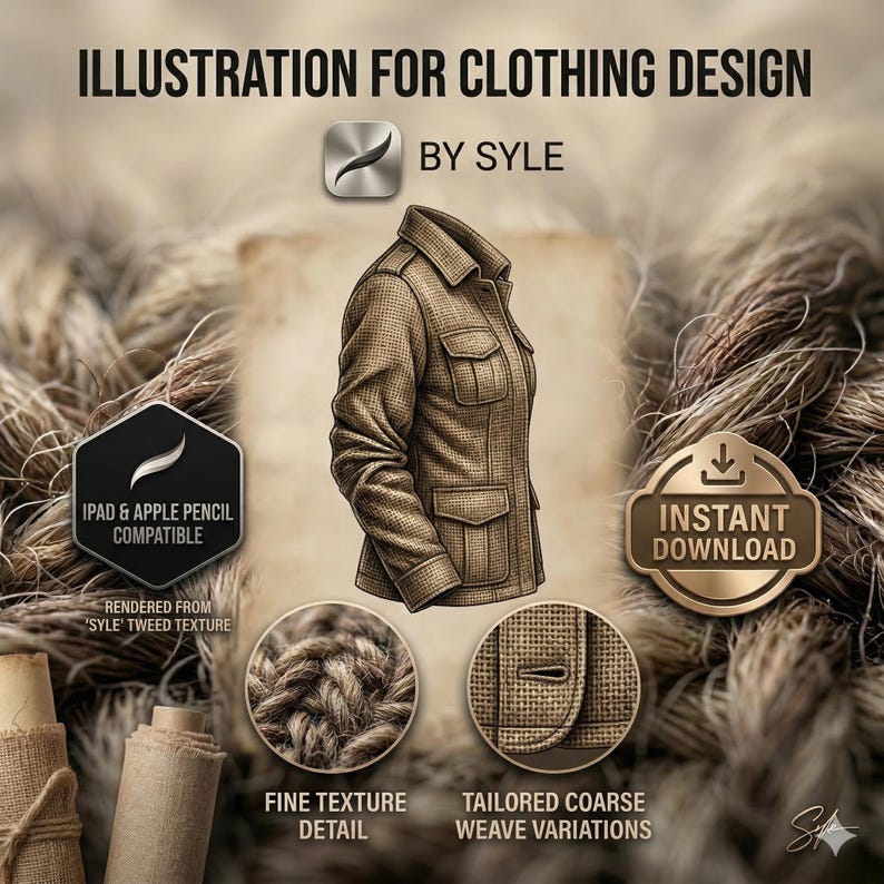 K&ouml;nnte beinhalten: Eine digitale Illustration einer braunen Tweedjacke mit Kragen, gekn&ouml;pften Brusttaschen und langen &Auml;rmeln. Das Bild enth&auml;lt den Text: ILLUSTRATION FOR CLOTHING DESIGN, BY SYLE, IPAD & APPLE PENCIL COMPATIBLE, INSTANT DOWNLOAD, FINE TEXTURE DETAIL, TAILORED COARSE WEAVE VARIATIONS.