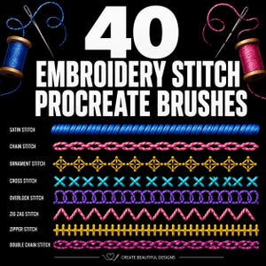 40 Embroidery Stitch Procreate Brushes | Chain Satin Cross Stitch Overlock Zipper iPad Pack