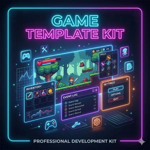 Puede incluir: Un kit de plantillas de juegos digitales con un borde azul neón y rosa. La imagen muestra varios elementos de la interfaz del juego, incluyendo inventario, registros de eventos y configuraciones. El texto "GAME TEMPLATE KIT" y "PROFESSIONAL DEVELOPMENT KIT" son visibles.