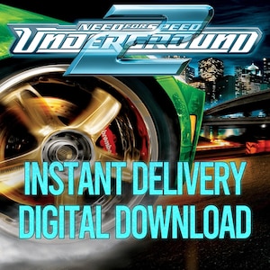 Könnte beinhalten: Werbung für das Videospiel Need for Speed Underground 2, mit digitalem Download. Das Bild zeigt ein Autorad mit goldener Felge und roten Bremssätteln, das Logo des Spiels und den Text "Instant Delivery Digital Download."