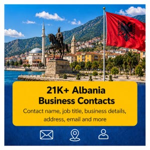 Puede incluir: Imagen de una ciudad costera con una estatua ecuestre, una mezquita y una bandera roja con un águila negra. Una pancarta amarilla muestra "21K+ Albania Business Contacts" con información de contacto.