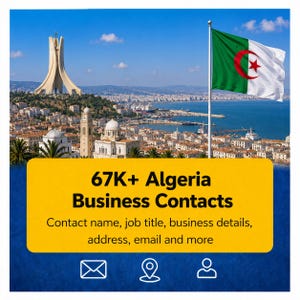Può includere: Immagine di un paesaggio urbano con la bandiera algerina che sventola. Uno striscione giallo mostra "67K+ Algeria Business Contacts" e dettagli come il nome del contatto, la qualifica e l'indirizzo. Lo sfondo presenta edifici, il mare e un cielo blu.