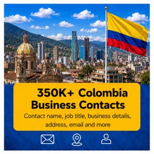 Könnte beinhalten: Eine digitale Grafik mit der kolumbianischen Flagge über einer Skyline mit einem gelben rechteckigen Overlay, das den Text 350K+ Colombia Business Contacts, Contact name, job title, business details, address, email and more enthält.